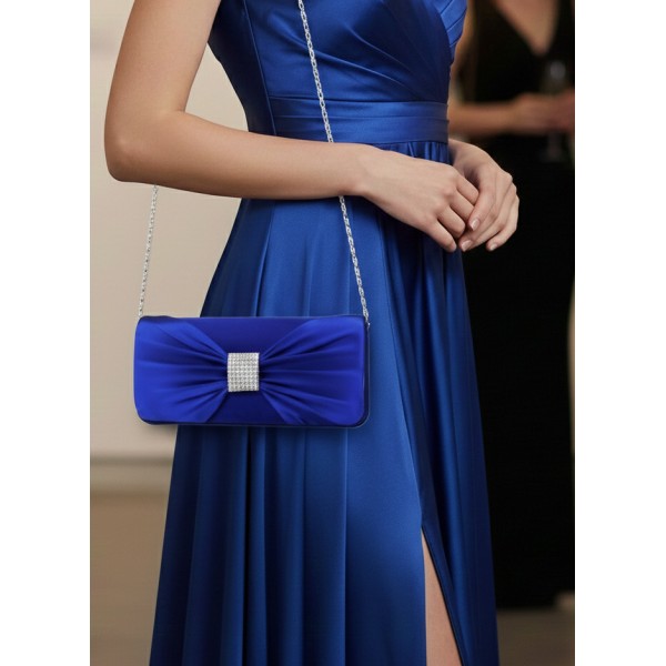 Evening Bag - Satin w/ Rhinestone Square Charm Bow - Blue - BG-92021BL